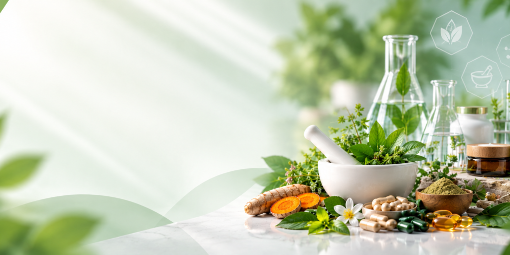 Ayurvedic and herbal wellness products with mortar and pestle