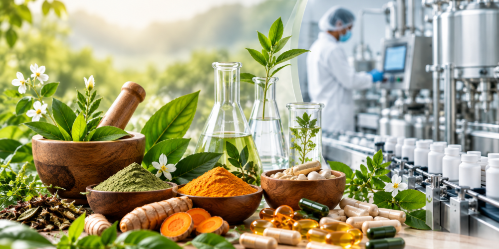 Ayurvedic herbs and natural ingredients in a modern laboratory